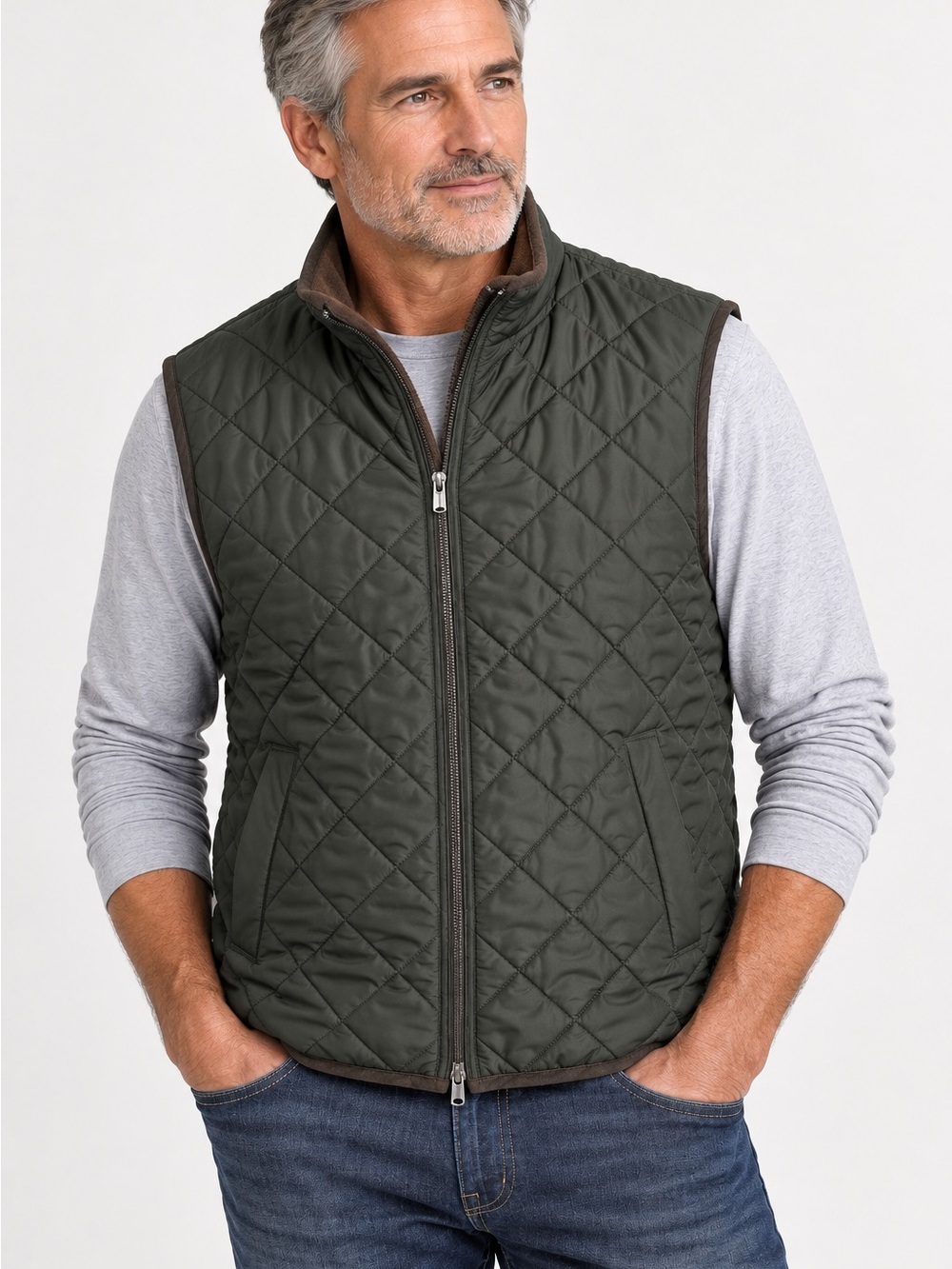 Magaschoni Olive Green Diamond Quilted Vest Brown Fleece Trim Size M